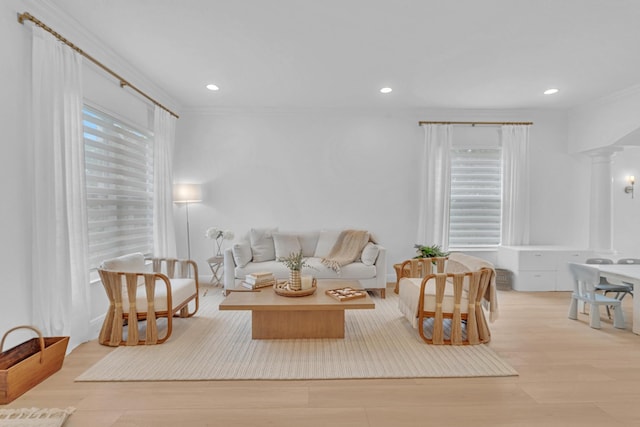 living room featuring decorative columns, ornamental molding, plenty of natural light, and light hardwood / wood-style flooring