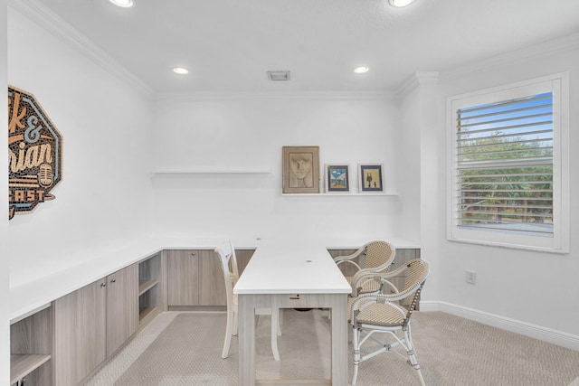 office area featuring ornamental molding and light colored carpet