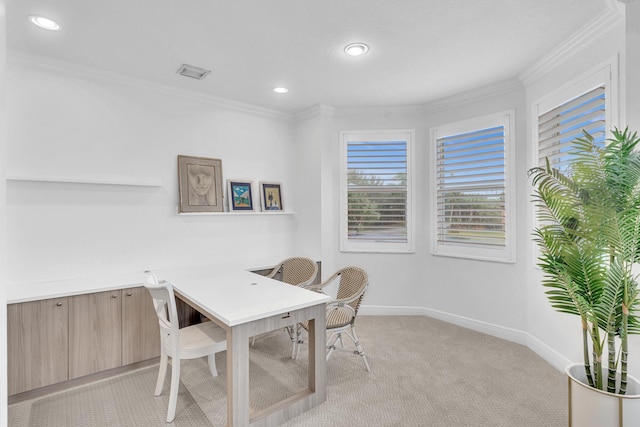 carpeted home office with ornamental molding