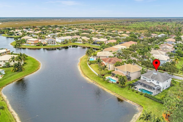 aerial view featuring a water view