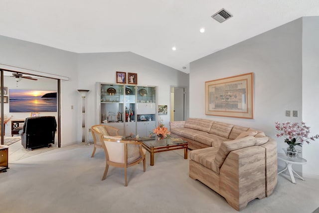 2430 NW 12th St, Delray Beach, FL 33445 - living room featuring light colored carpet, a ceiling fan, recessed lighting, and high vaulted ceiling