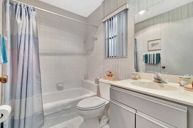 full bathroom with vanity, toilet, tile patterned flooring, and shower / bath combo with shower curtain