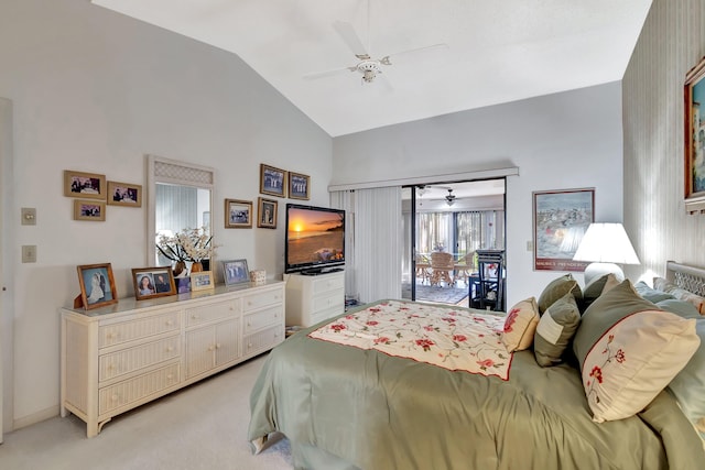 bedroom featuring lofted ceiling, access to exterior, carpet floors, and ceiling fan