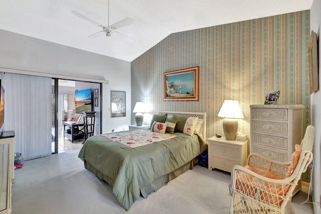 bedroom featuring ceiling fan, light colored carpet, vaulted ceiling, and access to outside