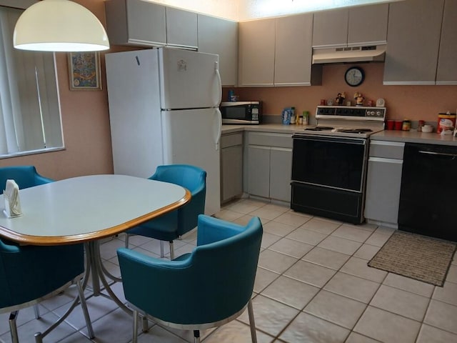 kitchen featuring dishwasher, range with electric stovetop, white cabinets, light tile patterned floors, and white fridge