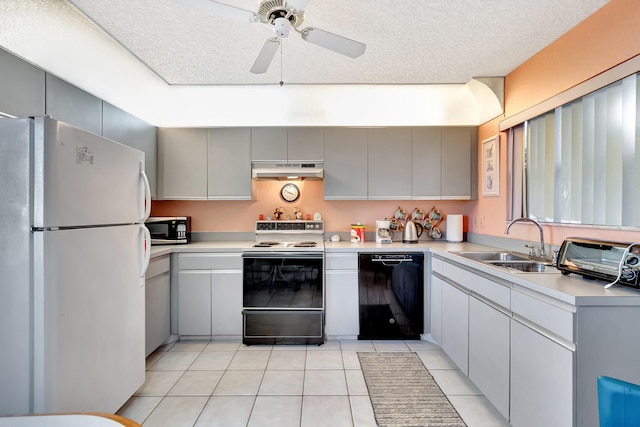 kitchen featuring sink, dishwasher, gray cabinetry, range with electric cooktop, and white refrigerator