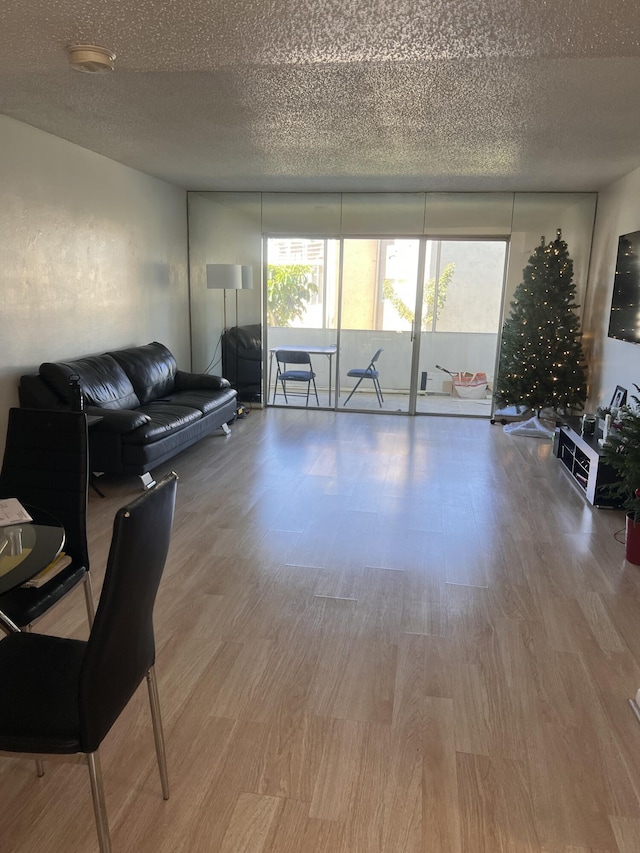 living room with hardwood / wood-style floors and a textured ceiling