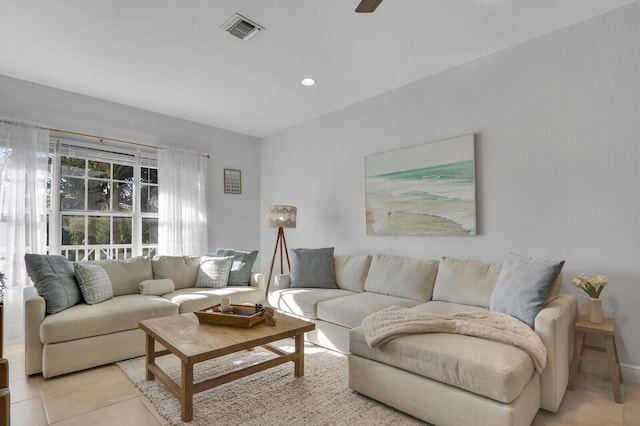 4557 Artesa Way S, Palm Beach Gardens, FL 33418 - living room featuring light tile patterned floors, ceiling fan, and recessed lighting