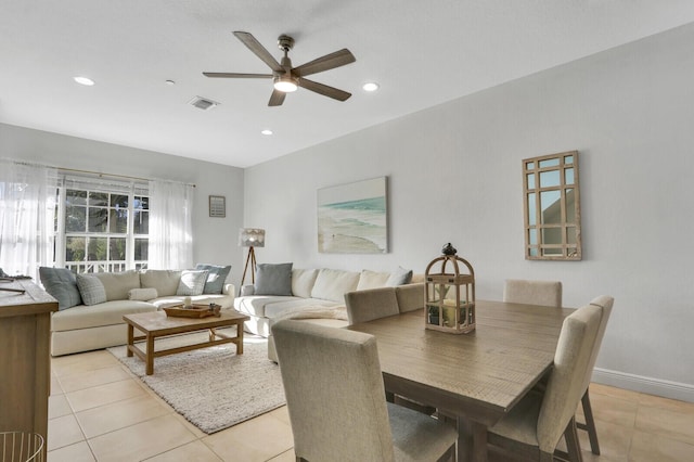 4557 Artesa Way S, Palm Beach Gardens, FL 33418 - dining area featuring light tile patterned floors, ceiling fan, and recessed lighting