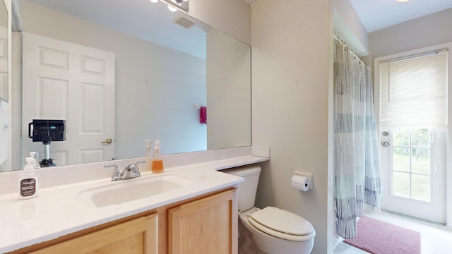 bathroom featuring toilet, vanity, and walk in shower