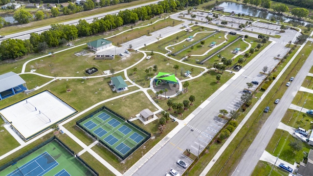 drone / aerial view with a water view