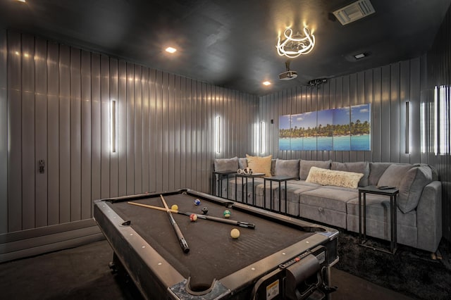 rec room featuring pool table, visible vents, and a water view