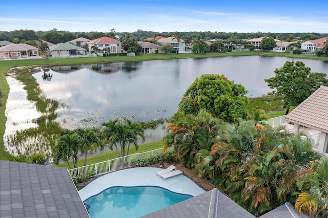 exterior space with a water view