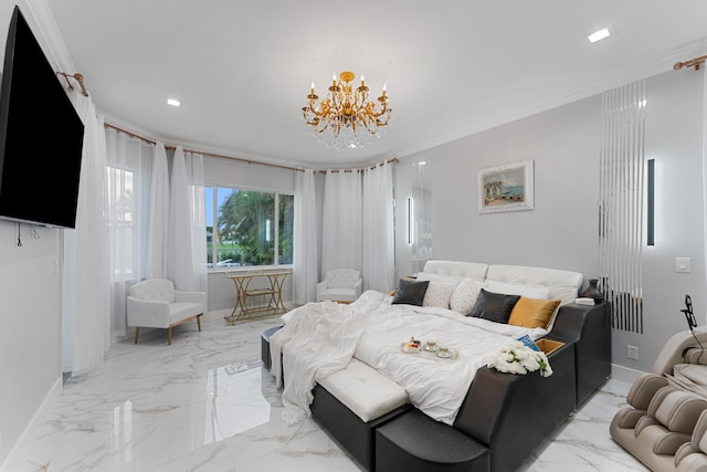 bedroom with ornamental molding and a notable chandelier