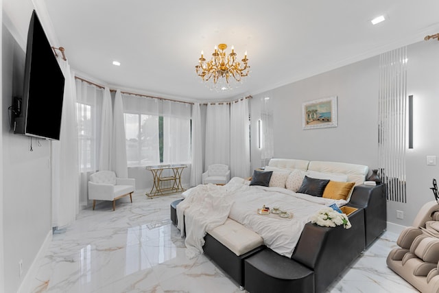 bedroom featuring an inviting chandelier and crown molding