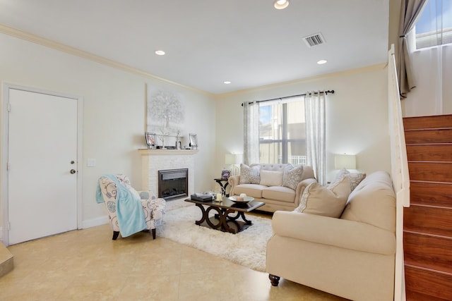 tiled living room featuring crown molding