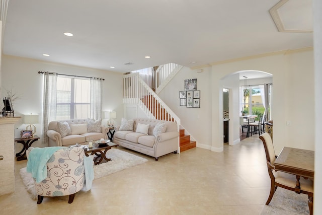 living room with crown molding