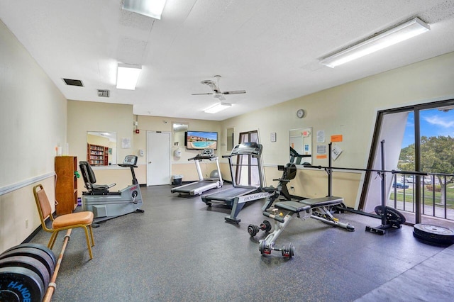 exercise room with a textured ceiling and ceiling fan