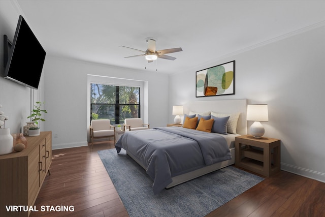 bedroom featuring ceiling fan and dark hardwood / wood-style flooring