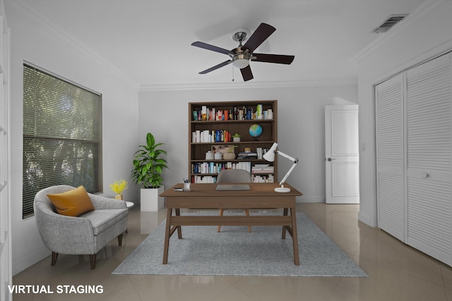 office featuring light tile patterned floors, ornamental molding, and ceiling fan