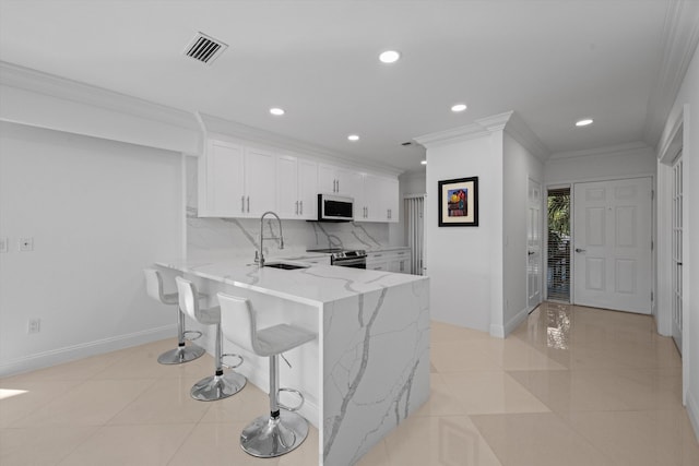 kitchen featuring white cabinetry, decorative backsplash, sink, ornamental molding, and kitchen peninsula