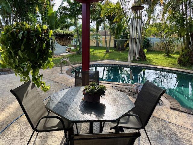 view of pool featuring a patio area, a yard, a fenced backyard, and a fenced in pool