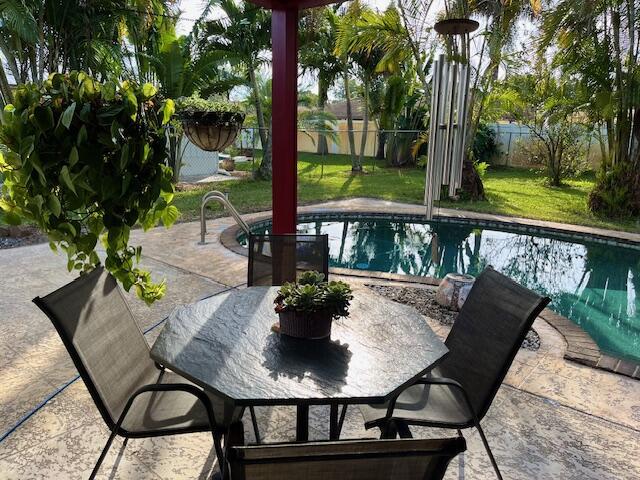 view of swimming pool with a fenced in pool, a patio area, a lawn, and a fenced backyard