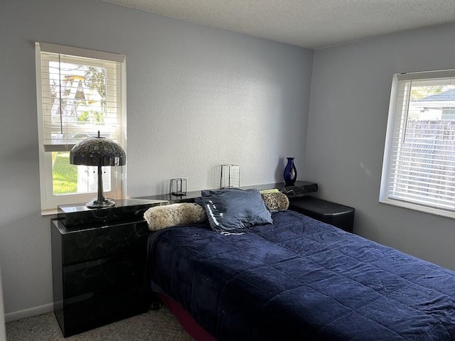 carpeted bedroom with baseboards, multiple windows, a textured ceiling, and a textured wall