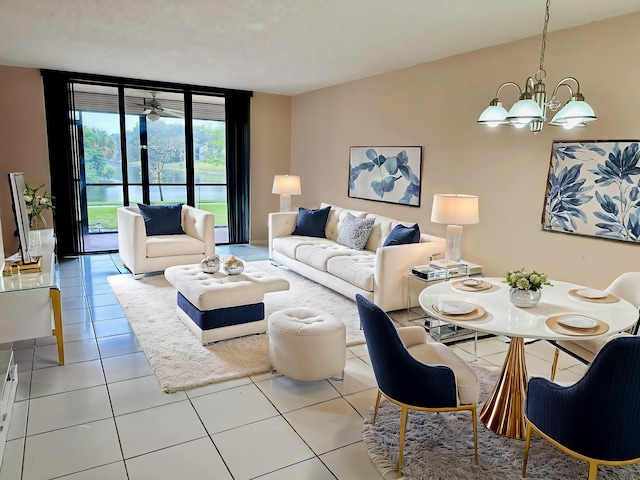 living room with an inviting chandelier, light tile patterned floors, and floor to ceiling windows