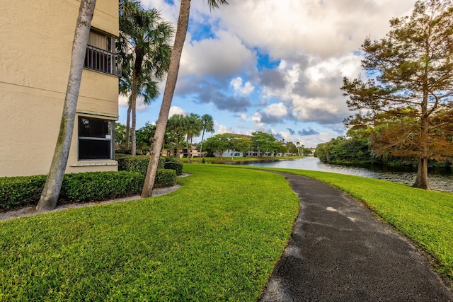 view of community featuring a water view and a yard