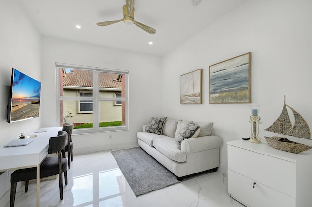 living room with ceiling fan