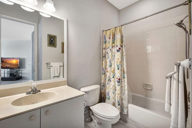 full bathroom with vanity, shower / bath combination with curtain, and toilet