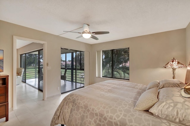 bedroom with ceiling fan, a textured ceiling, and access to outside