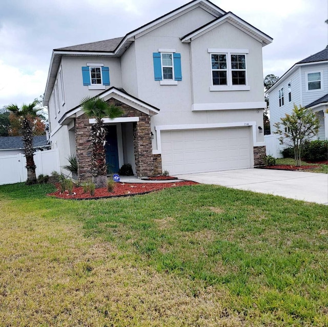 front facade with a garage and a front lawn