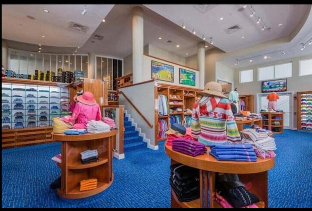 rec room with a high ceiling and dark carpet