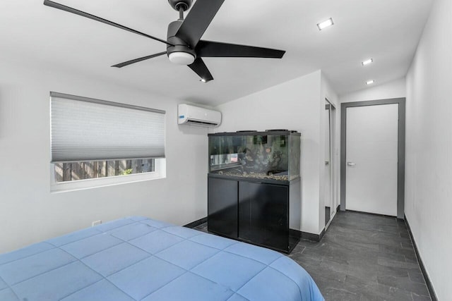 bedroom featuring vaulted ceiling, a wall unit AC, and ceiling fan