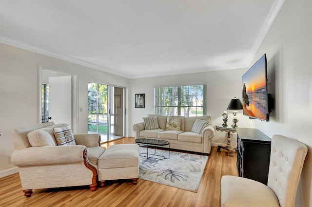 living room featuring ornamental molding and light hardwood / wood-style floors