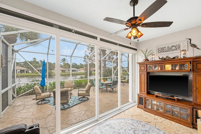 interior space featuring ceiling fan and a water view