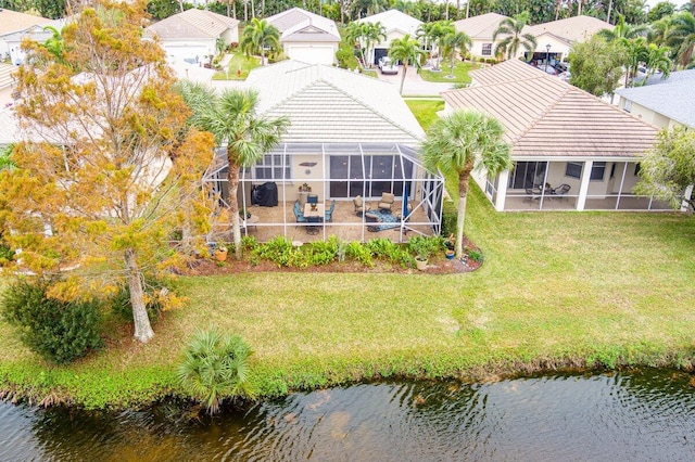 aerial view featuring a water view