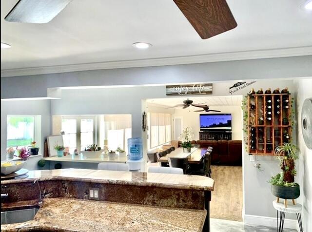 interior space with ceiling fan, sink, and ornamental molding