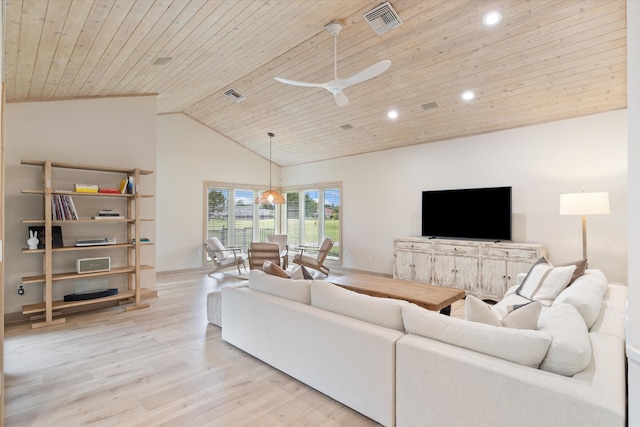 living area with high vaulted ceiling, recessed lighting, wood ceiling, visible vents, and light wood-style floors