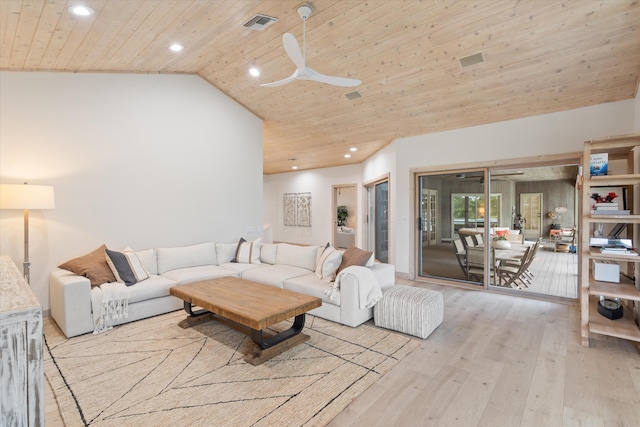 living area with lofted ceiling, recessed lighting, wood ceiling, and light wood-style floors