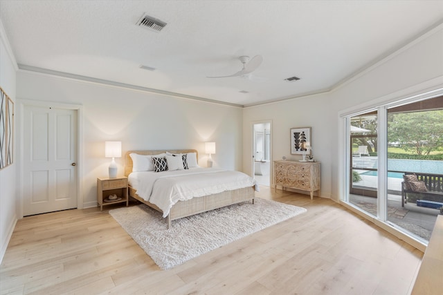 bedroom featuring a ceiling fan, light wood-style floors, visible vents, access to exterior, and crown molding