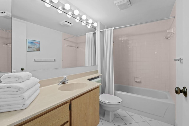 full bathroom featuring tile patterned floors, toilet, shower / tub combo, and vanity