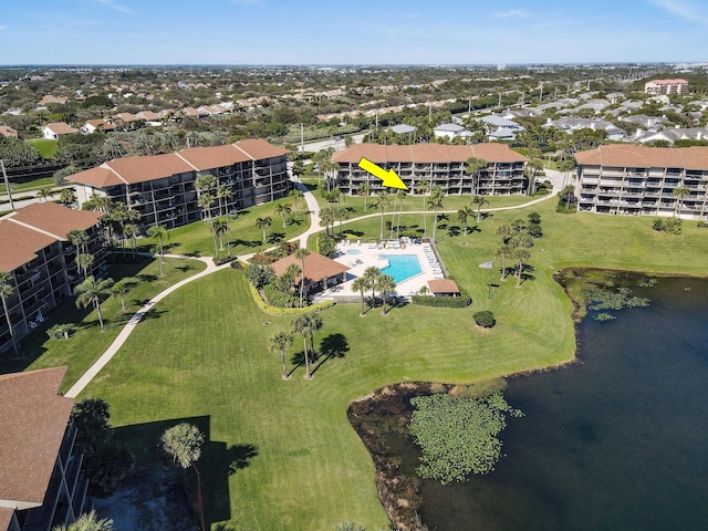 drone / aerial view featuring a water view