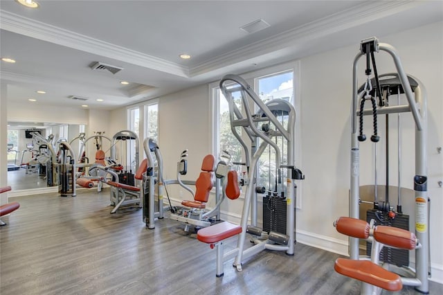 gym with a tray ceiling, ornamental molding, and hardwood / wood-style floors