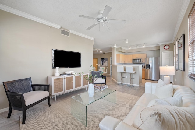 living room with a textured ceiling, light hardwood / wood-style flooring, and ornamental molding