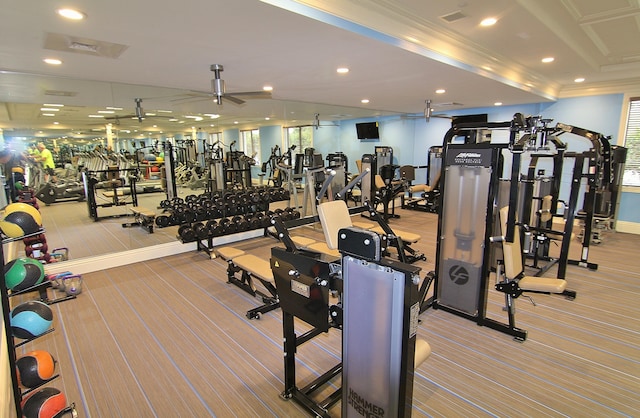 gym featuring ceiling fan and carpet flooring