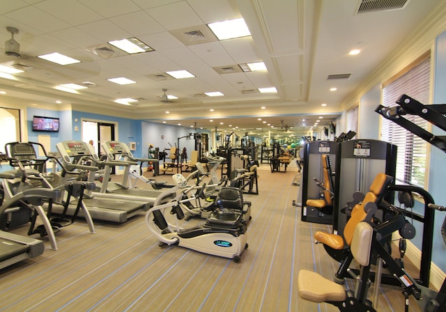 exercise room with crown molding, a healthy amount of sunlight, light colored carpet, and a drop ceiling