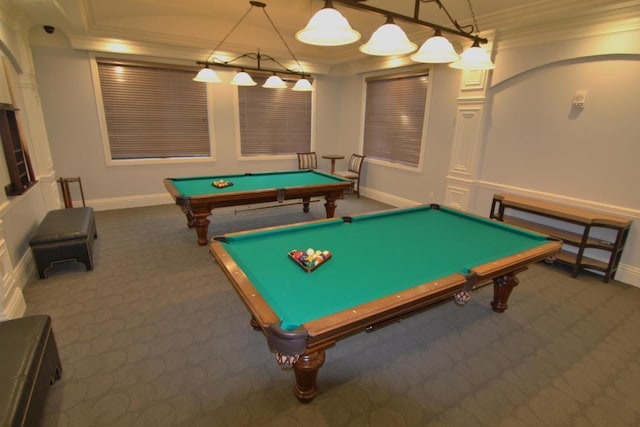 playroom featuring dark carpet, crown molding, and billiards